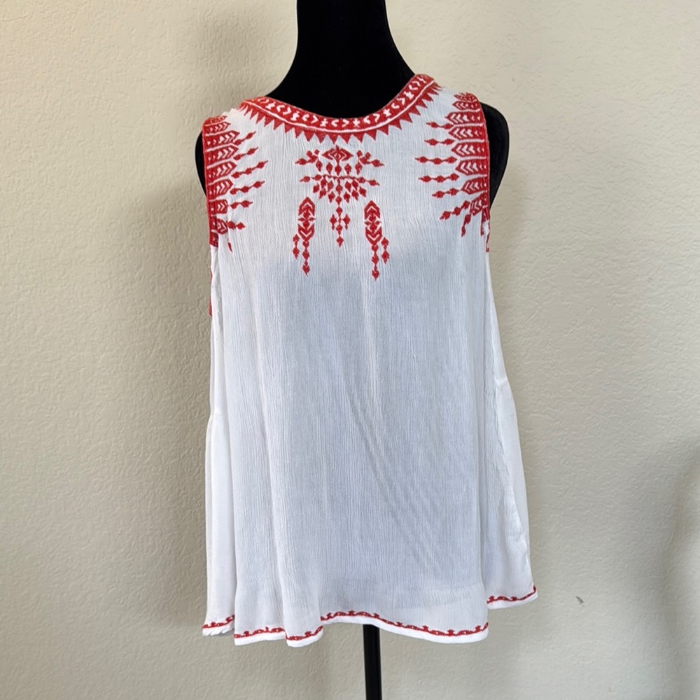Embroidered Sleeveless White and Red Top